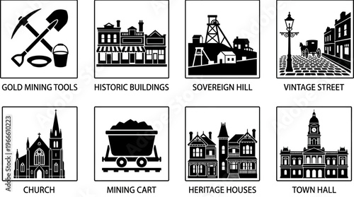 Historical Heritage and Mining Town Icon Set Vector – Black-and-White Illustrations of Gold Mining Tools, Historic Buildings, Sovereign Hill, Vintage Street, Church, Mining Cart, Heritage Houses, Town