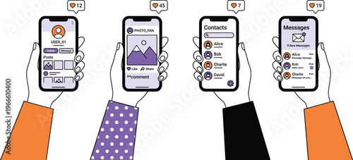 WebHands holding smartphones with social media interface, profile page, photo feed, contact list, and messages for digital communication and networking.