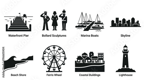 Coastal Landmarks and Attractions Icon Set Vector – Black-and-White Illustrations of Waterfront Pier, Bollard Sculptures, Marina Boats, Skyline, Beach Shore, Ferris Wheel, Coastal Buildings, Lighthous