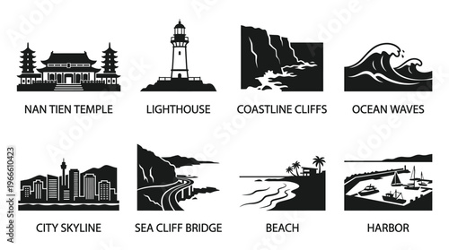 Coastal Landmarks and Scenic Icon Set Vector – Black-and-White Illustrations of Nan Tien Temple, Lighthouse, Coastline Cliffs, Ocean Waves, City Skyline, Sea Cliff Bridge, Beach, Harbor