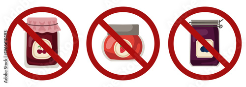 Vector set of prohibition signs. No jam. Canned food forbidden. Collection of prohibition badges with jars