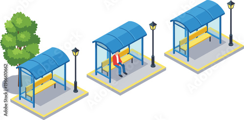 WebIsometric bus stop set, vector illustrations of city public transport stations with benches, street lamps, trees, and waiting passenger, isolated.