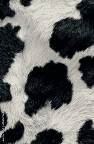 Realistic cow fur texture with black and white spotted fluffy animal hair pattern