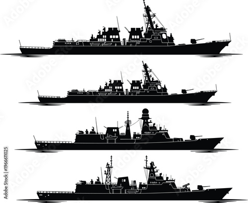WebMilitary warship silhouette collection featuring naval destroyer vessels, navy ships, and maritime defense icons for tactical warfare and security designs.