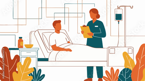 Nurse providing medical care and consultation to a male patient in a hospital bed