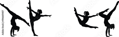 Gymnastics silhouettes, dance poses illustration, athletic flexibility, acrobatic moves, strength, balance, performance art, black vector design, dynamic motion