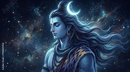 Side profile of mahadev with crescent moon and long hair for maha shivratri and maha shomvar background with cosmic stars and deep blue spiritual energy