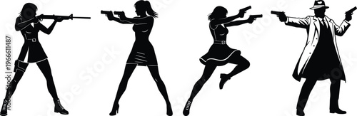 WebSecret agents and assassins silhouettes set, spies with guns and rifles, action movie characters in combat poses, vector, isolated.