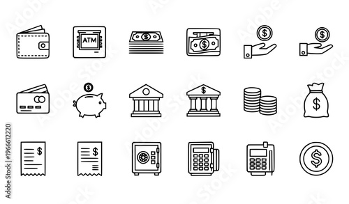 Money line icon set with finance and banking outline symbols wallet ATM cash and payment editable stroke vector