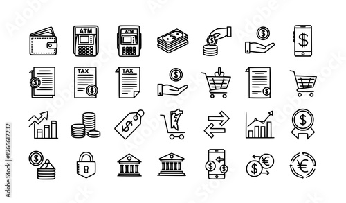 Finance and payment line icons collection with modern banking symbols wallet ATM cash and digital transaction vector