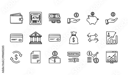 Minimal finance outline icon set with elegant money and banking symbols editable stroke for app and dashboard vector