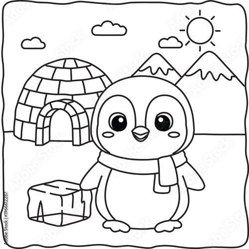 Cute Penguin with Igloo and Mountains - Coloring Page with Bold Line