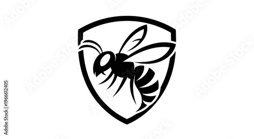 Black and white vector illustration of a wasp insect inside shield