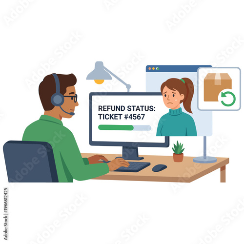 Customer service representative checking refund status on computer screen with client