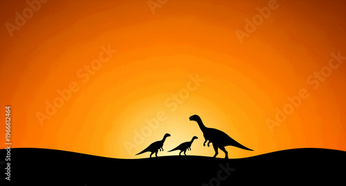 A majestic adult dinosaur, perhaps a herbivore, guides two smaller juvenile dinosaurs across a vast, ancient landscape, their powerful, iconic silhouettes creating a sense of wonder and prehistoric