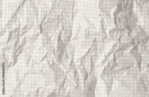 Abstract background of crumpled white grid paper with realistic creases