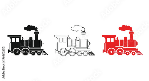 Set of vintage steam locomotive train icons in black, gray, and red colors