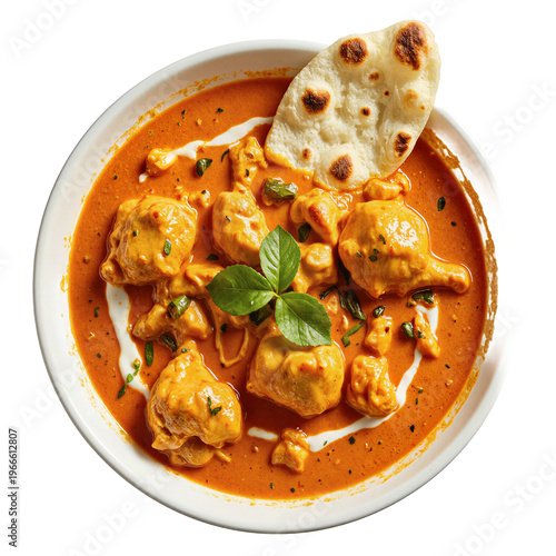 Chicken tikka isolated bowl of creamy indian curry with naan bread on a transparent background