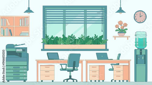 Modern office interior with desks, computers, plants, and office equipment