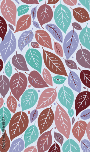 Seamless pattern with hand-drawn stylized autumn leaves in muted pastel colors
