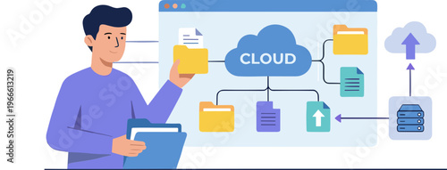 A man interacts with a cloud computing interface on a laptop showing data flow.