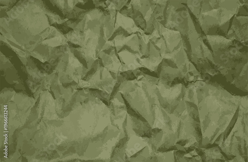 Abstract background of crumpled olive green paper with many creases and wrinkles