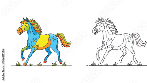 Colorful running horse cartoon illustration and black and white outline for coloring book page for kids, vector equine character set on white background