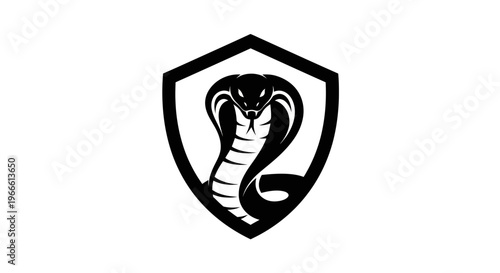 Black cobra snake icon in shield shape against white background