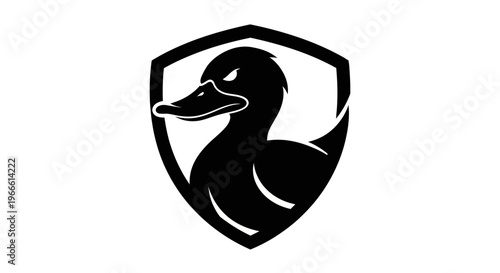 Black duck silhouette within shield shape emblem vector illustration