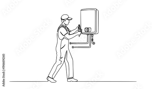 Minimal one line plumber installing water heater handyman service concept vector illustration isolated on white background