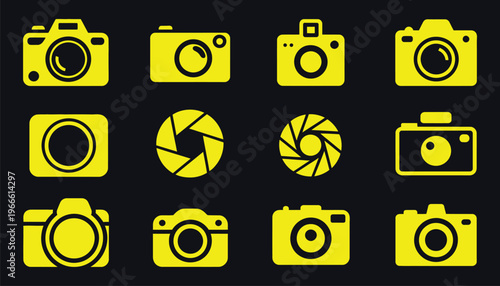 Camera and photography icons, DSLR cameras, lenses, tripods, lighting gear, vector set, photography portfolio, studio branding, photo equipment and creative workflow concept.
