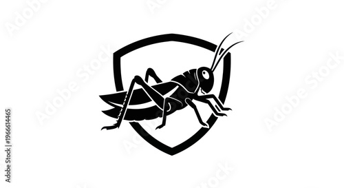 Black grasshopper insect in shield graphic illustration on white background