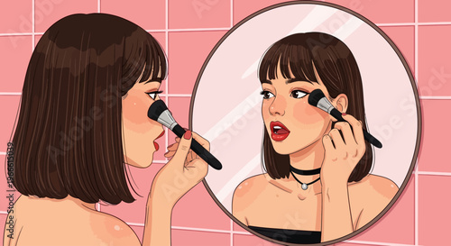 Young woman focused on her beauty routine, applying blush with a makeup brush while looking into a bathroom mirror