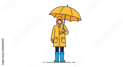 Illustration of a person dressed in a bright yellow raincoat and blue boots, holding an open yellow umbrella, prepared for rainy weather conditions