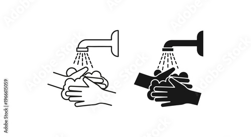 Essential hand washing hygiene symbol set, featuring line art and solid silhouette icons for cleanliness and germ prevention awareness