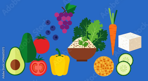 Colorful and Nutritious Assortment of Fresh Fruits, Vegetables, and Whole Grains for a Healthy Diet Concept Illustration