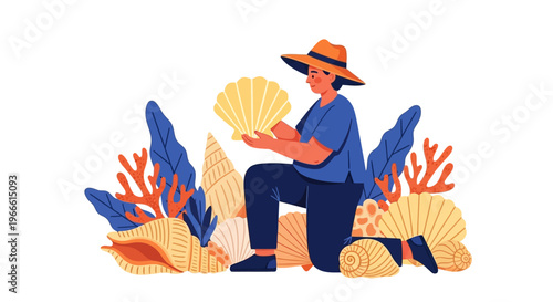 Person collecting seashells amidst coral and aquatic plants