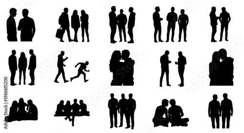 A concept collection of human silhouettes illustrating diverse social interactions, daily activities, and community dynamics in a versatile graphic style for various design projects