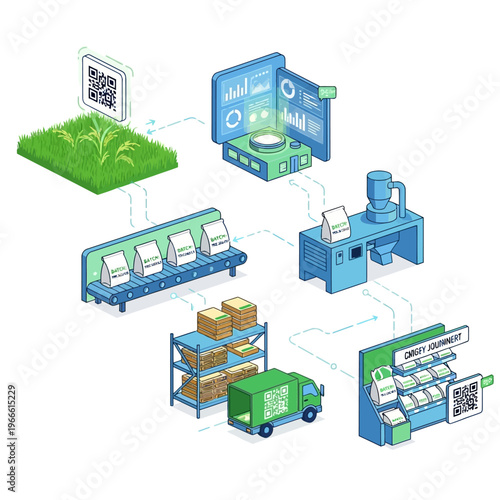 Visual representation of a modern agricultural supply chain, from farm to retail, utilizing QR codes for tracking and data management.