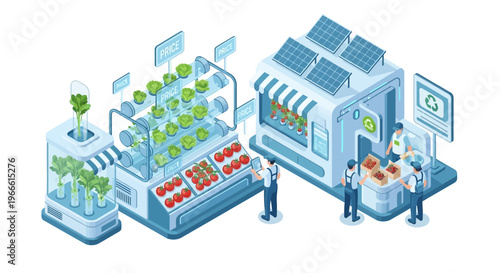 Futuristic urban farm and market showcasing vertical hydroponic systems, solar power, and sustainable food production with people interacting.