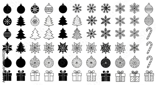 Collection of Christmas Icons Ornaments, Snowflakes, Candy Canes, and Gift Boxes