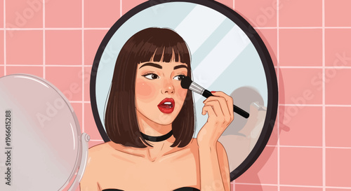 Woman applying makeup in a mirror, getting ready