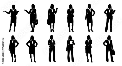 Silhouettes of business women in various poses and with professional accessories