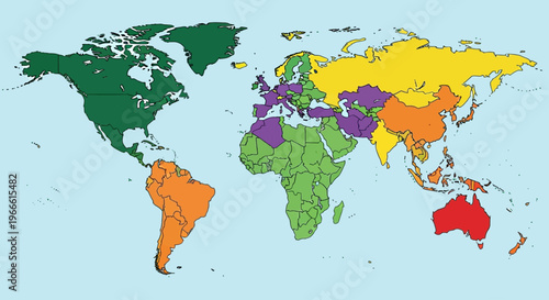 World map showing continents and regions distinctly colored for clear geographical representation