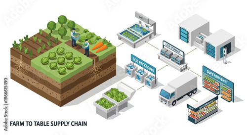 Visual representation of the farm-to-table supply chain, illustrating the journey of produce from cultivation to consumer purchase.