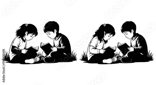 Young children deeply absorbed in reading books together, a heartwarming black and white illustration capturing the essence of early education and shared learning