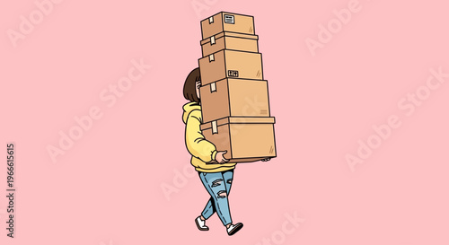 Overwhelmed person carries a giant stack of moving boxes, symbolizing the weight of new beginnings, relocation, or a demanding workload