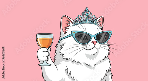 Cute cat wearing sunglasses and tiara holds a wine glass