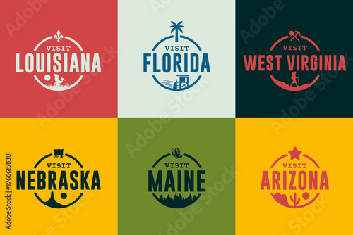 Vintage travel badge set, usa state badge set, traveler pins collection, camping logo pack. Louisiana, Florida, Nebraska, Maine, Arizona, West Virginia