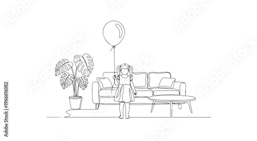 Serene Woman in Line Art Holding Balloon Amidst Continuous Minimalist Living Room Scene